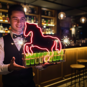 Portashots Acrílico Caballo Luz Neon Led 40cm P/ 9 Vasos tipo Shots