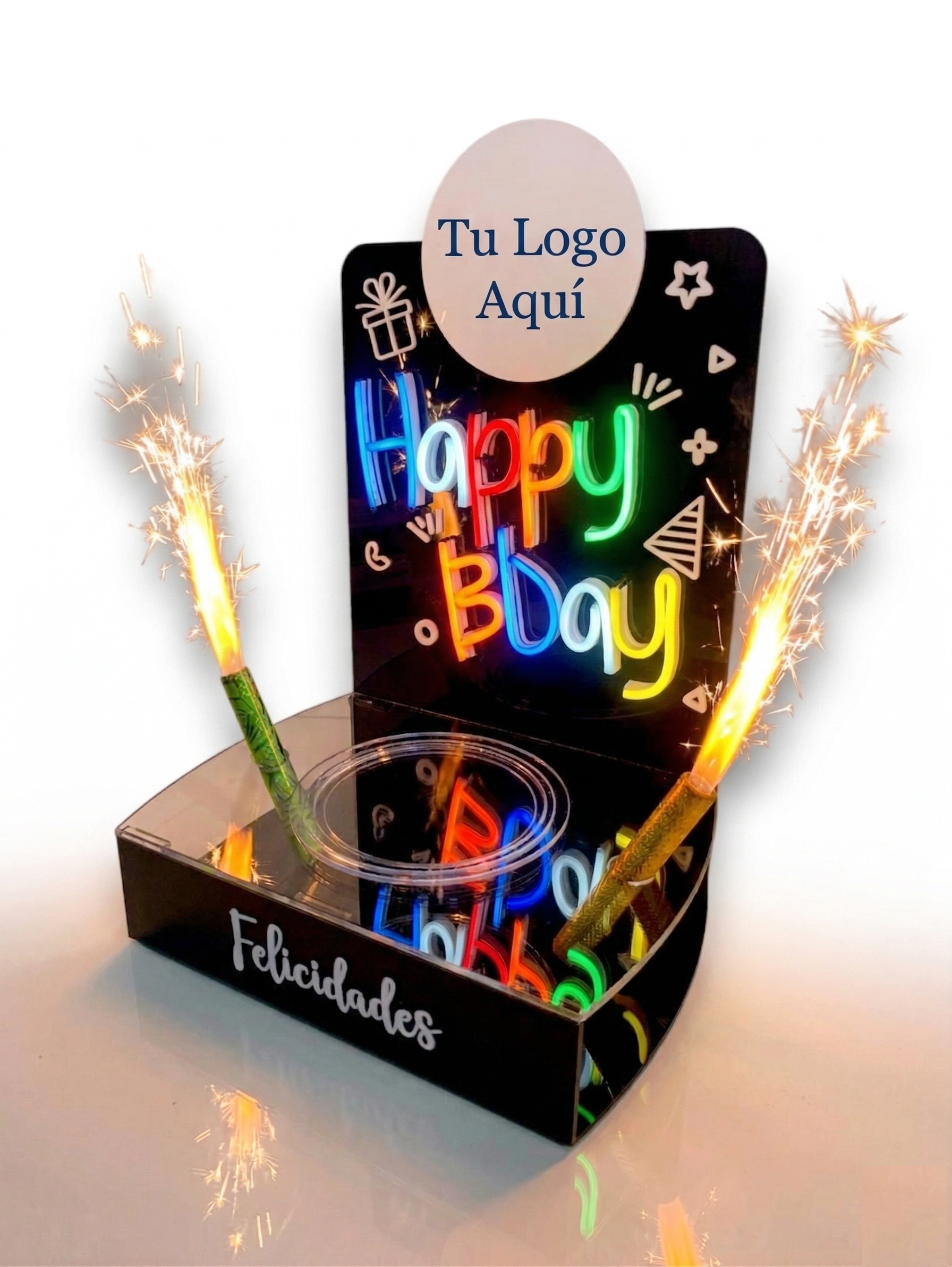 Base Pastel Happy BDay Acrílico Luz Neón Led 35 x 25 cm