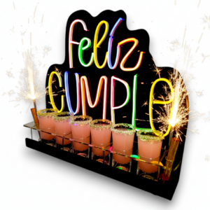 Porta Vasos Jaibol Acrílico Feliz CUMPLE Luz Neon Led 48cm P/ 6 Vasos Jaiboleros