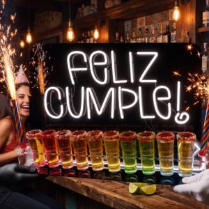 Portashots Acrílico Feliz Cumple Luz Neon Led 40cm P/ 10 Vasos tipo Shots