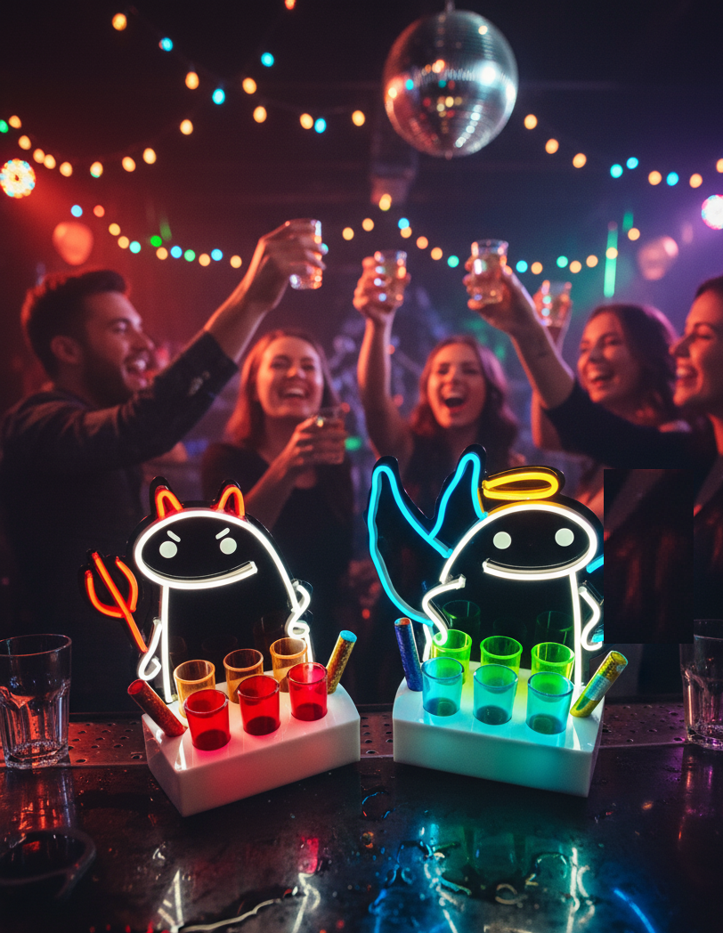 Pack de 2 Portashots Flork Meme Ángel y Diablo 6 Shots Luz Neon 30cm